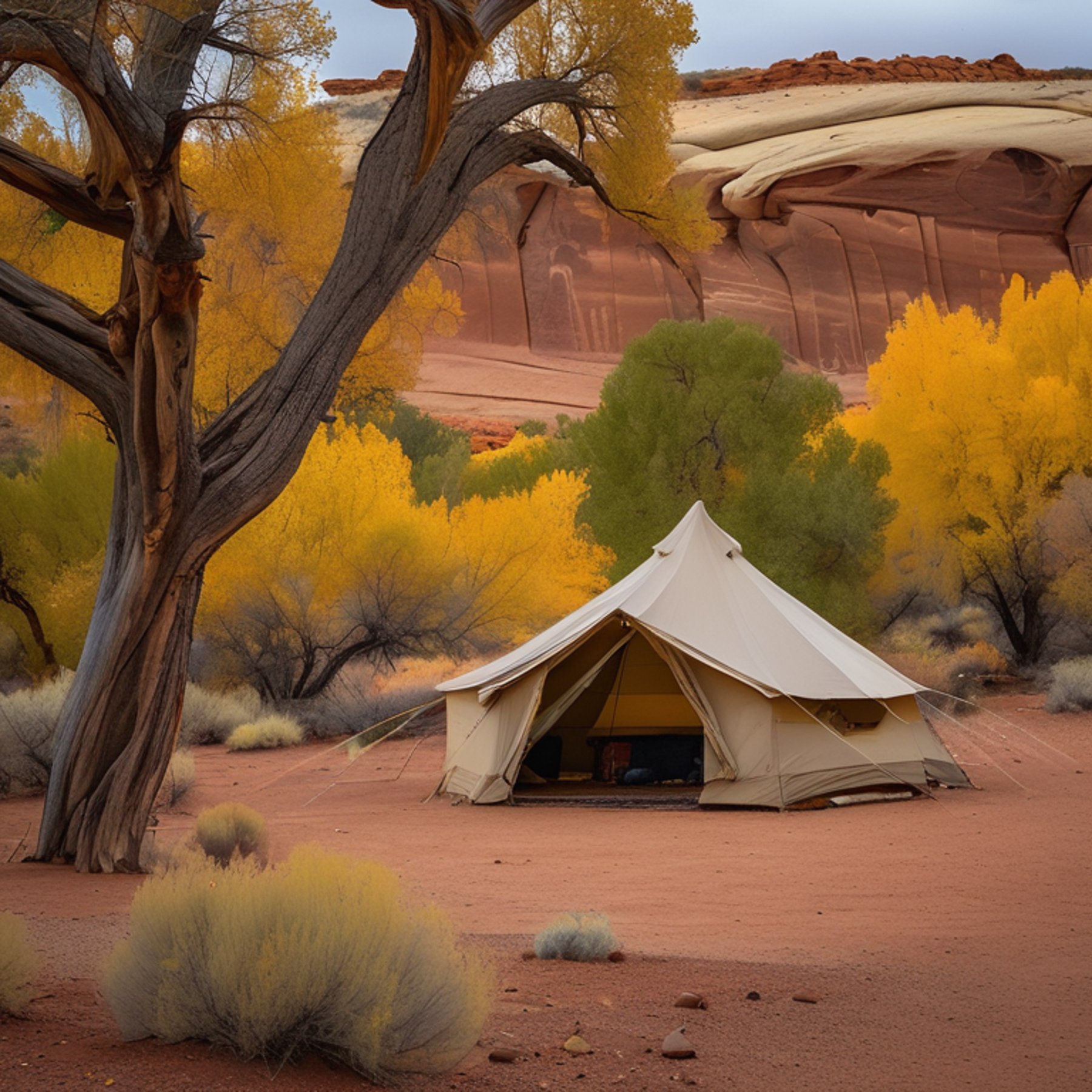 A tan tent rests on a quiet dirt campsite in Capitol Reef National Park. Small trees, golden fall leaves, and large bushes surround the clearing. Soft clouds fill the sky, creating a calm, peaceful mood.