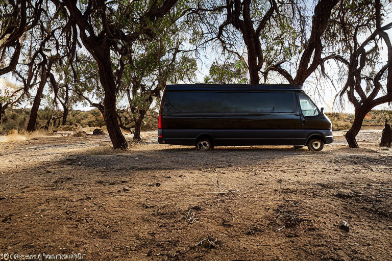 A black van rests at a quiet campsite in the snowy New Mexico desert. Large bushes surround the dirt clearing, with a hammock tied to a tree and a small twig on the ground. Surfers enjoy the peaceful outdoor setting nearby.