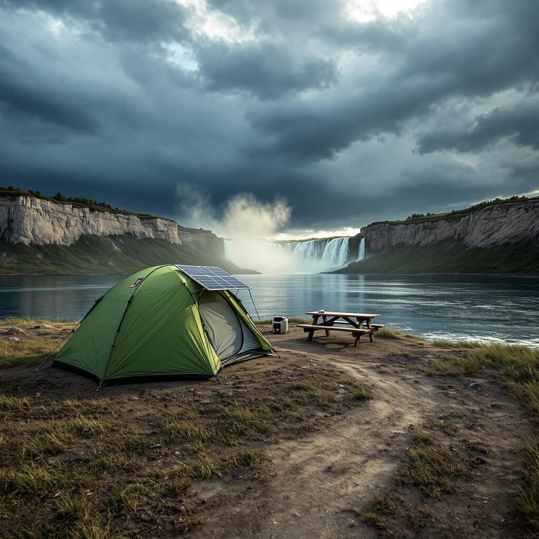 A green tent rests near Niagara Falls beside a picnic table and dirt trail. Dark storm clouds gather overhead as a solar panel charges by the tent. Seen from a canoe, the rugged shore feels wild and peaceful.