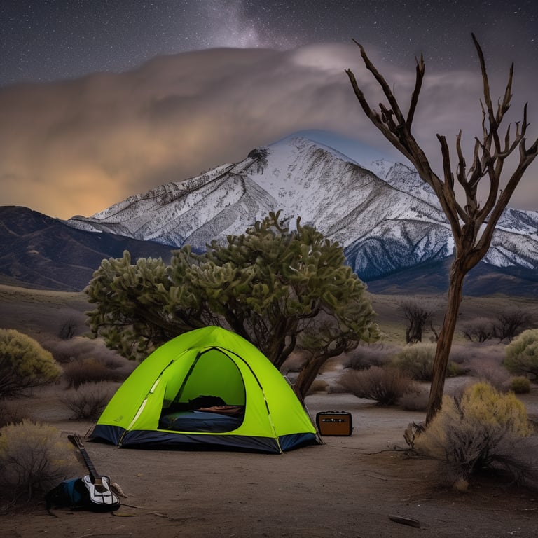 A bright lime-green tree tent rests on the rocky California coast beneath a starry, partly cloudy sky. A deer stands in the distance, while a guitar and camping chair wait nearby. Snowy mountains rise far beyond the campsite.