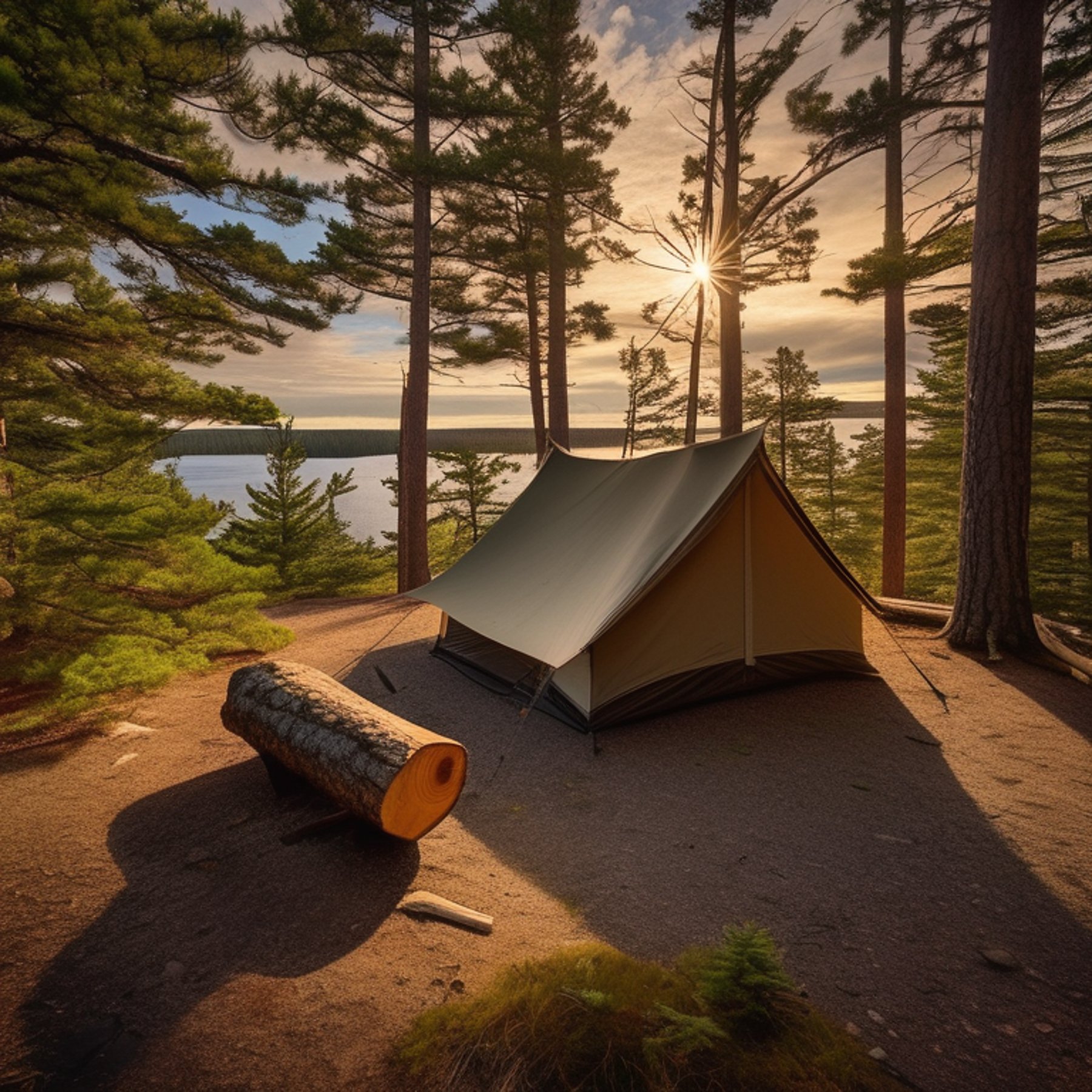 A tan tent rests among moss-covered trees in Acadia National Park. A warm campfire glows beside a large log on the rocky ground. Soft morning clouds create a peaceful sunrise mood.