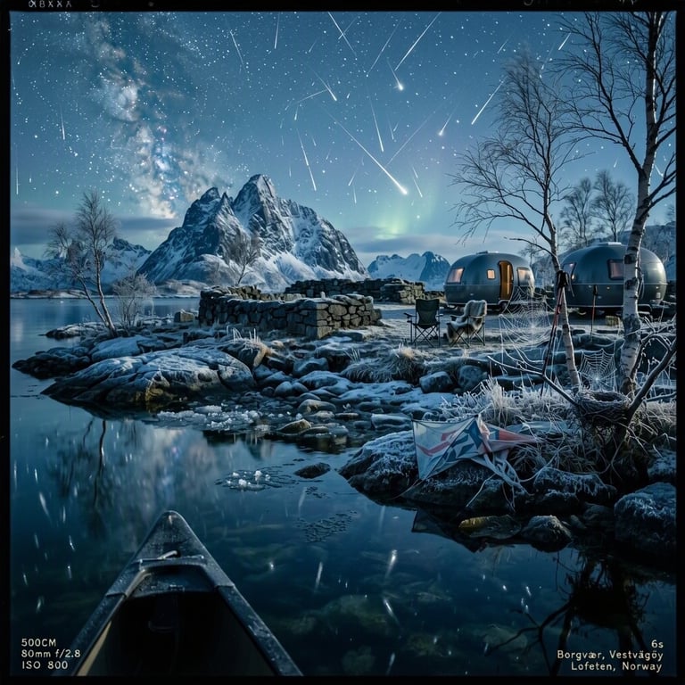 Two dark trailers rest beside old stone ruins on a frosty shore. Calm water reflects the snowy mountain and pale birch trees. Above the quiet campsite, bright meteors streak across the deep blue night sky.