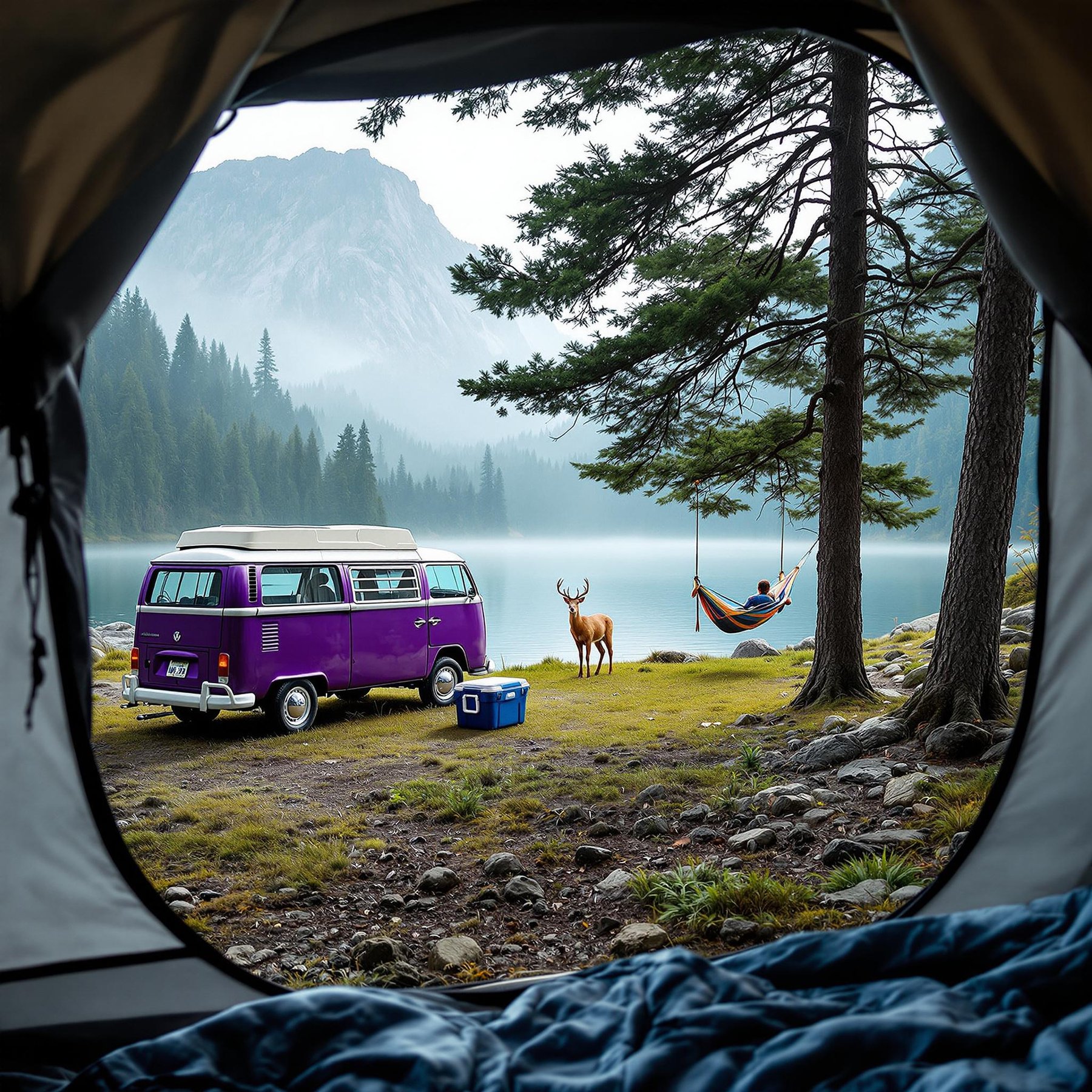 Nestled by a serene lake, this cozy campsite features a vibrant purple van and a friendly deer exploring nearby. A hammock swings gently between tall trees, with misty mountains providing a majestic backdrop. It's a peaceful slice of nature where adventure and relaxation meet.