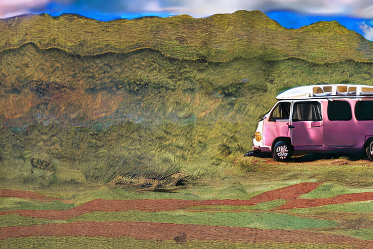 A colorful VW campervan rests on a paved campsite surrounded by rough, overgrown grass. Snow falls across the Hawaiian landscape, with a picnic table nearby and a person holding a flashlight in the distance.
