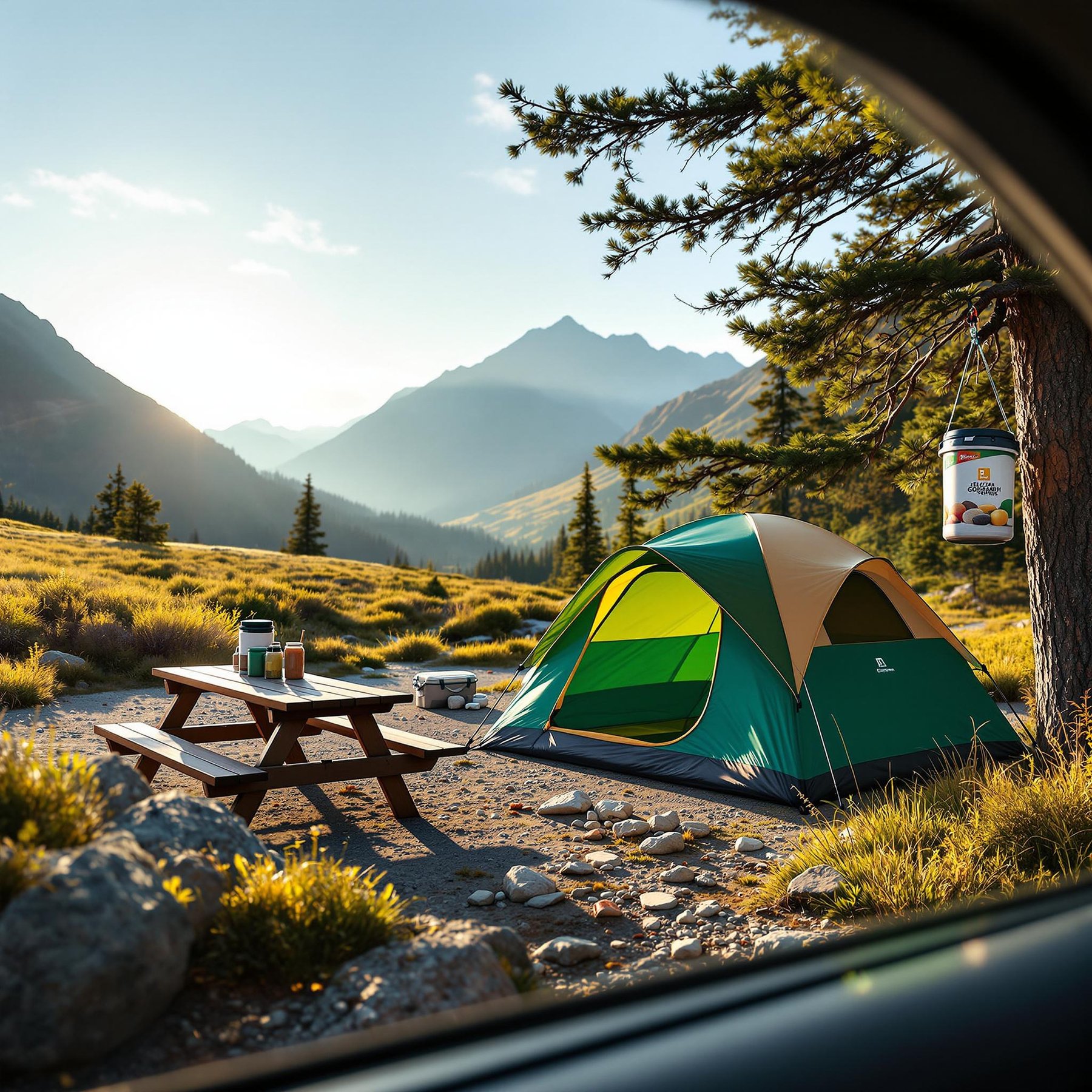 A green and tan tent sits in a sunny campsite among the hills of Glacier National Park. A picnic table, scattered stones, and a bear-proof food container hanging from a tree add to the peaceful setting.