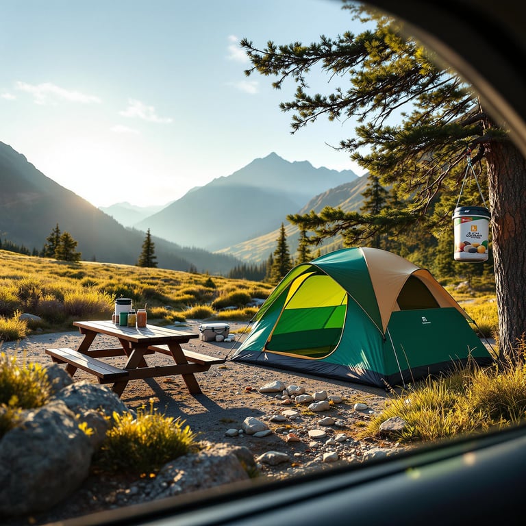 A green and tan tent sits in a sunny campsite among the hills of Glacier National Park. A picnic table, scattered stones, and a bear-proof food container hanging from a tree add to the peaceful setting.