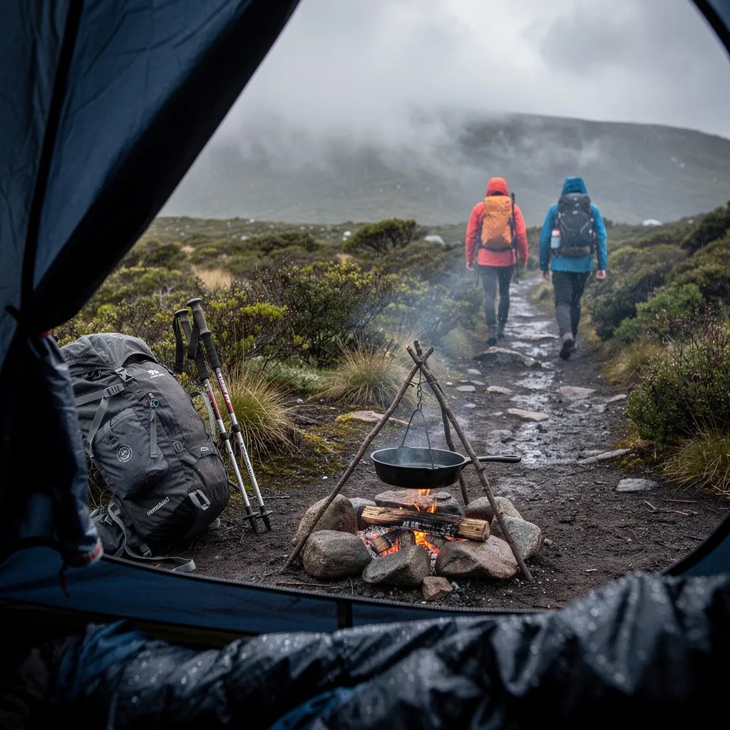 A cool mist hangs over the alpine trail, and the ground outside the tent is dark and wet. A backpack and trekking poles rest by the path while two hikers in rain coats pass by. A small campfire sends a thin curl of smoke up under the gray sky, with a skillet hanging over the flames.