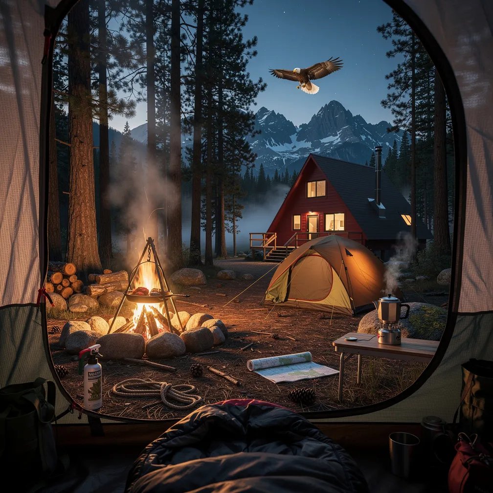 Blue-hour fog drifts through tall pine trees, and dark mountain ridges rest in the distance. From inside an open sleeping bag, you look out at a small tent and a red A-frame cabin beyond it. A campfire crackles with a skillet over the flames and coffee warming nearby, while a golden eagle glides high above the treetops.