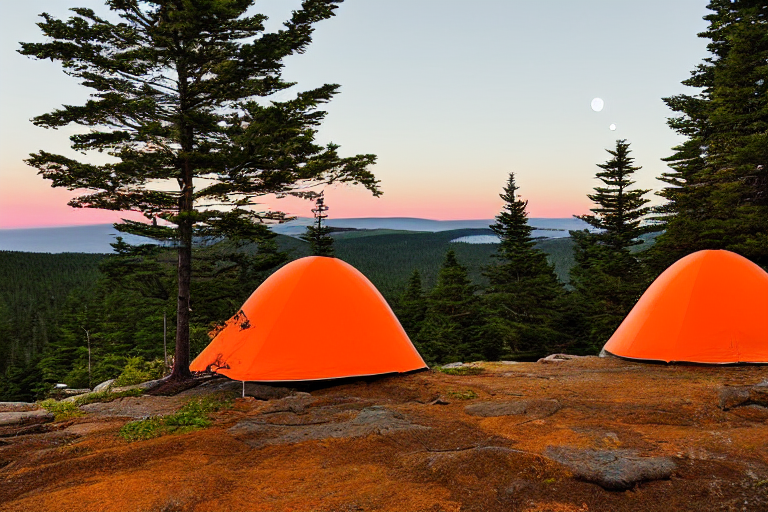 An orange tent rests on a rocky dirt patch beneath tall trees in Acadia National Park. Fog drifts over the rolling hills as the distant moon glows in the quiet night.