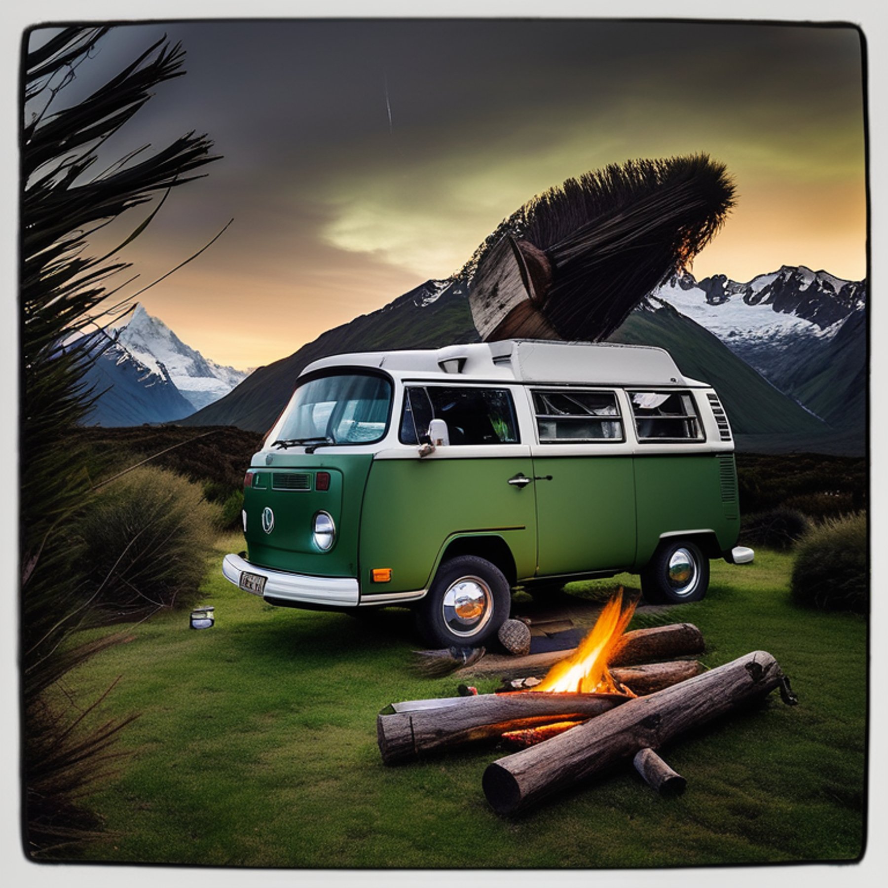 A forest-green campervan rests in a quiet, rainy campsite surrounded by tall bushes and wild grass. A warm campfire glows on the dirt, with camping gear nearby.
