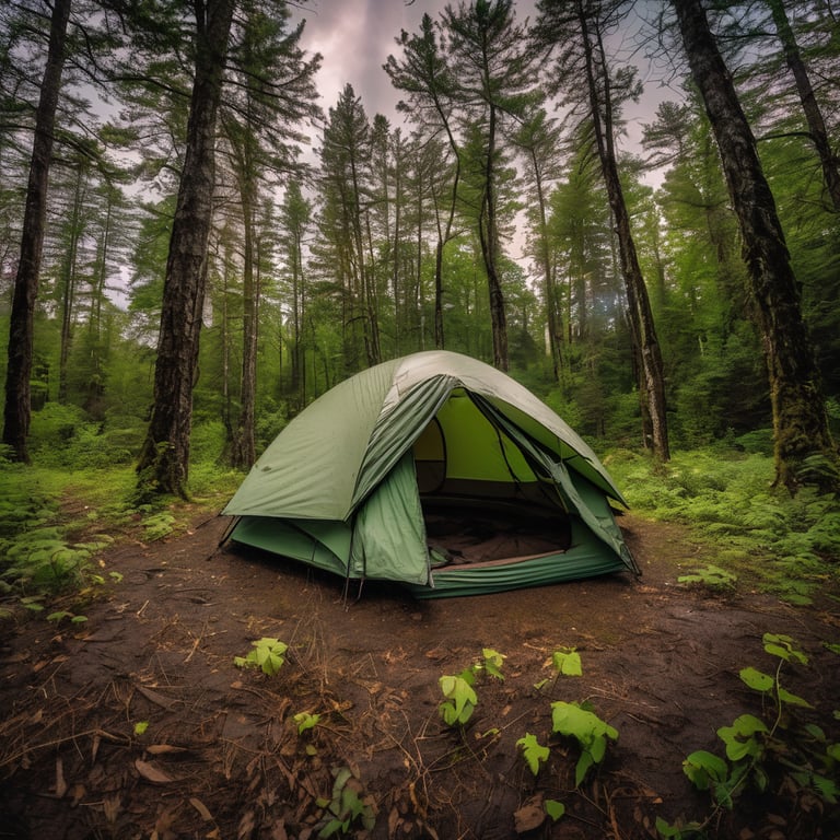 A forest-green tent rests among tall grass and rocky ground in the Smoky Mountains. Small trees surround the campsite as dark storm clouds gather overhead. Seen from above, the wild forest feels peaceful and mysterious.