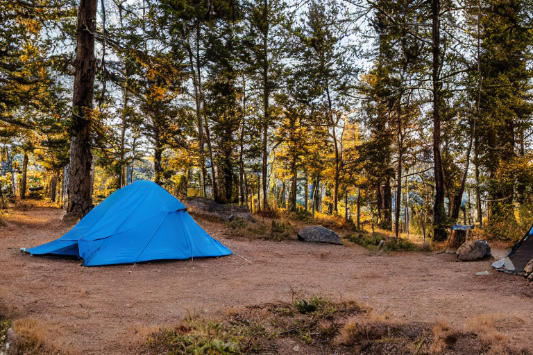 A gray and blue tent rests on a quiet mountain campsite during golden hour. Fall-colored trees, boulders, and patches of stone surround the dirt ground. A hammock hangs between the trees beneath the clear blue sky.