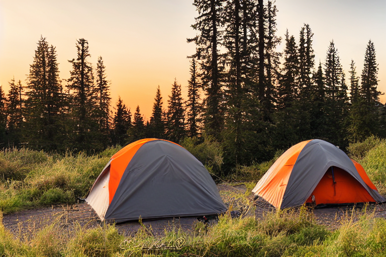 A gray and orange tent sits on a sunny paved campsite in Washington State. Large bushes surround a dirt patch, while birds fly overhead and surfers enjoy the nearby water. Warm golden light gives the scene a peaceful outdoor feel.