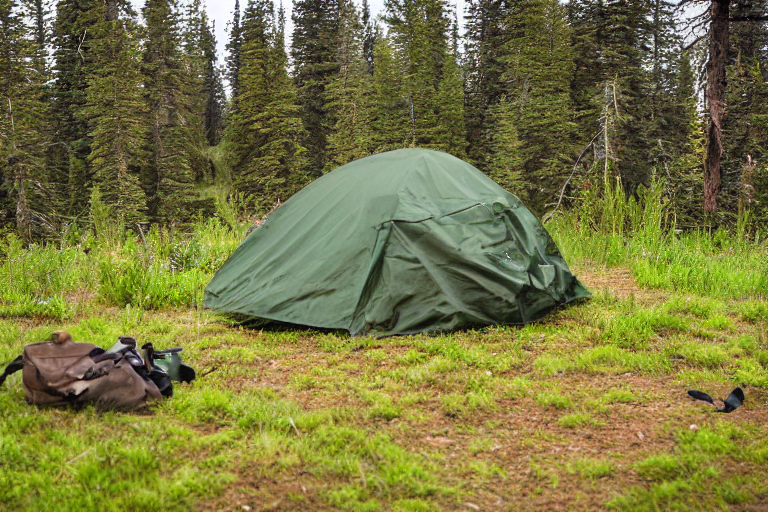 A green camo tent rests beside a dirt patch at a quiet Colorado campsite. Snowy ferns, camping chairs, and a backpack surround the tent as the sunrise warms the landscape. A deer stands far away among the trees.