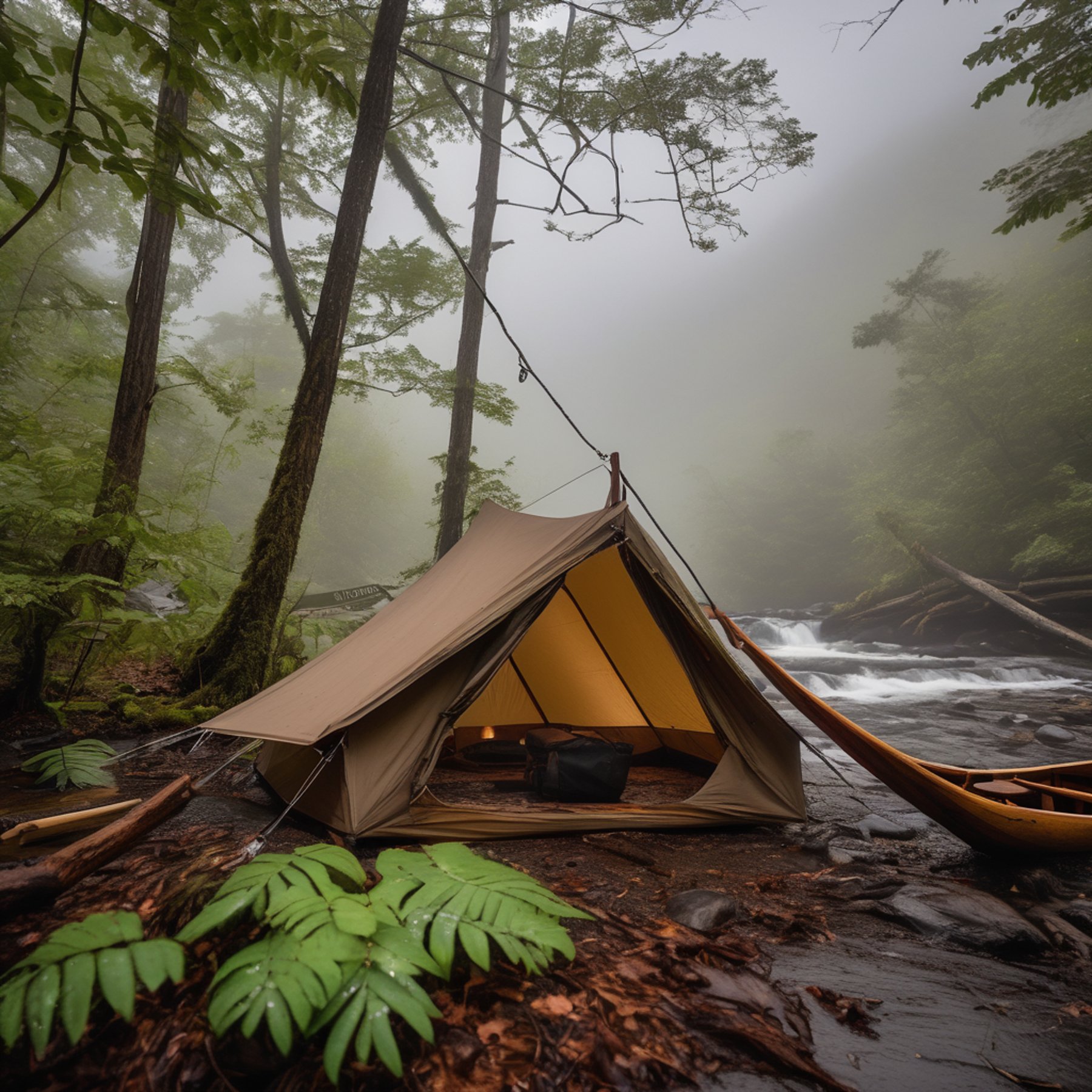 A brown tent rests among lush ferns and thick bushes in the misty Smoky Mountains. A hammock hangs between the trees, with binoculars dangling from a branch. From a nearby canoe, the campsite feels quiet, wild, and ready for adventure.