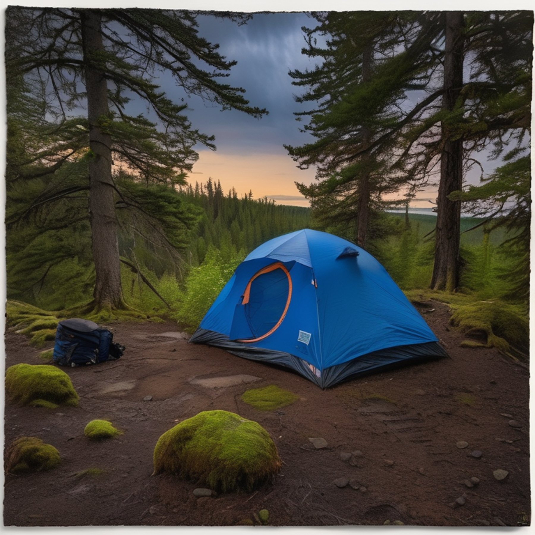 A blue tent rests on a dirt campsite beneath moss-covered trees in North Shore, Minnesota. Large stone slabs, berry bushes, and nearby hikers add to the wild setting. Stormy skies create a cool, rugged nighttime mood.