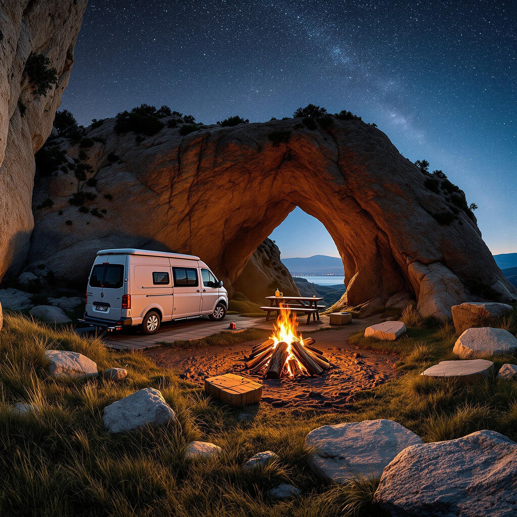 Nestled under a giant rock arch, this cozy campsite glows with the warm light of a crackling campfire. A camper van sits nearby, perfect for starry-night gazing under the twinkling sky. Surrounded by gentle hills and lush grass, it's a magical place for adventure and wonder.