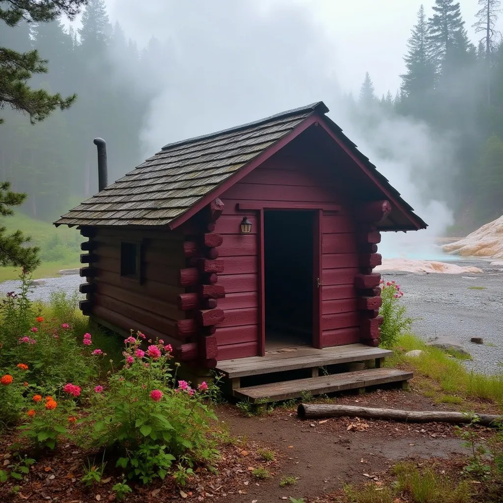 A burgundy lean-to shelter rests among small trees and wildflowers in the misty Smoky Mountains. Wind stirs the leaves on the ground, while geysers burst in the distance.