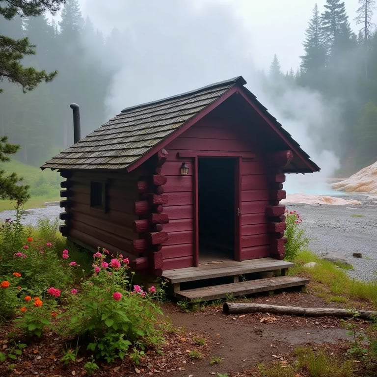 A burgundy lean-to shelter rests among small trees and wildflowers in the misty Smoky Mountains. Wind stirs the leaves on the ground, while geysers burst in the distance.