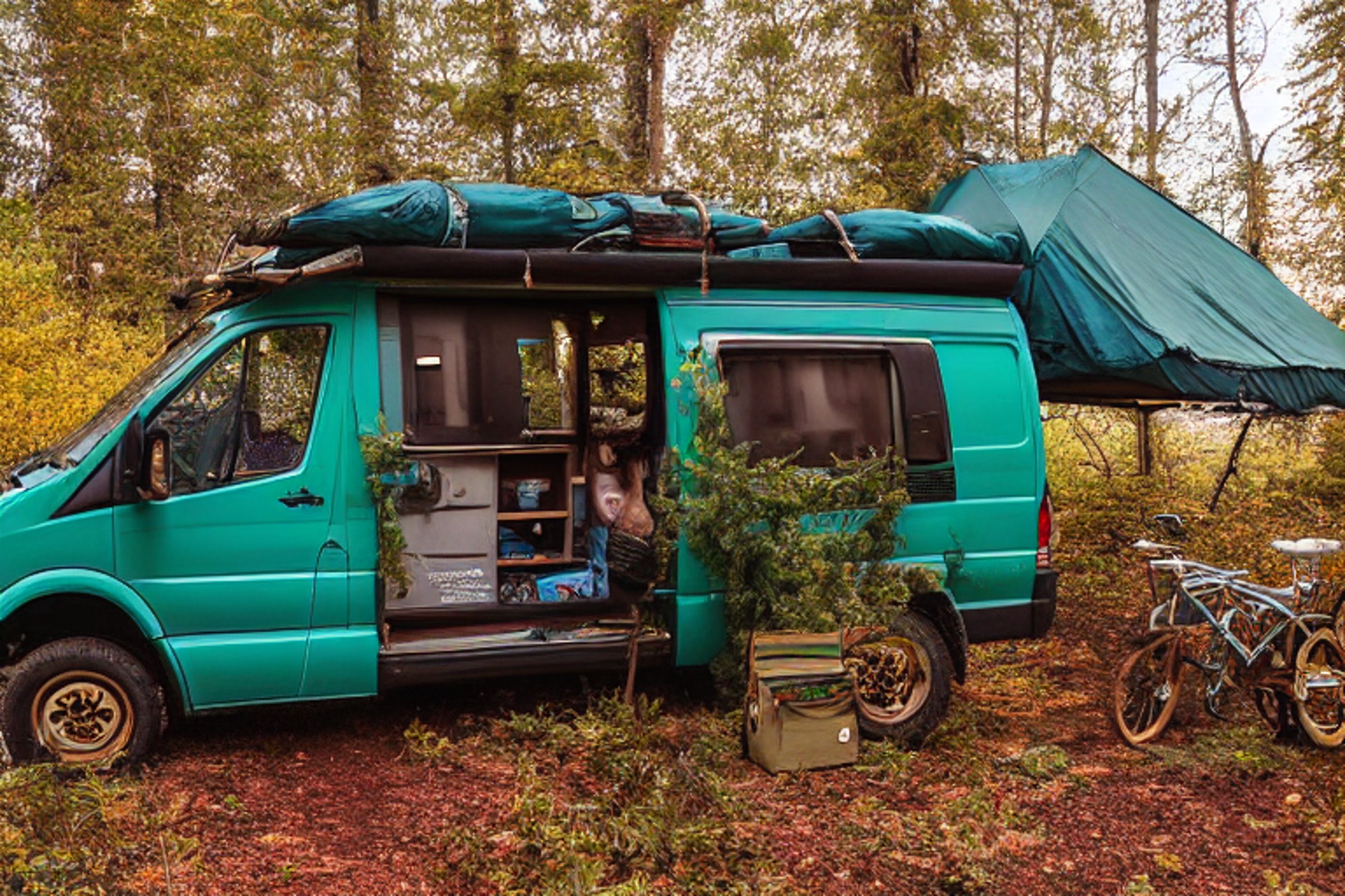 A teal camper van rests on a rocky dirt campsite, surrounded by thick bushes and colorful fall trees. Snowy ground and warm golden light create a cozy forest escape, with camping gear ready beside the van.