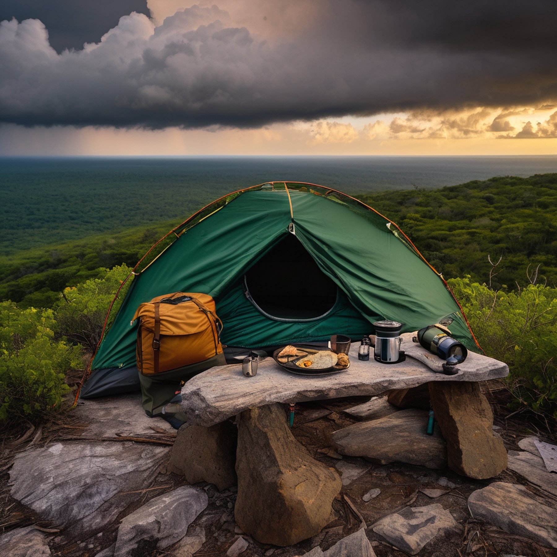 A green sleeping bag rests beneath the open sky in a rocky forest campsite. Sunrise glows through the clouds as a storm rolls in, with hikers nearby and a small stove on the picnic table.