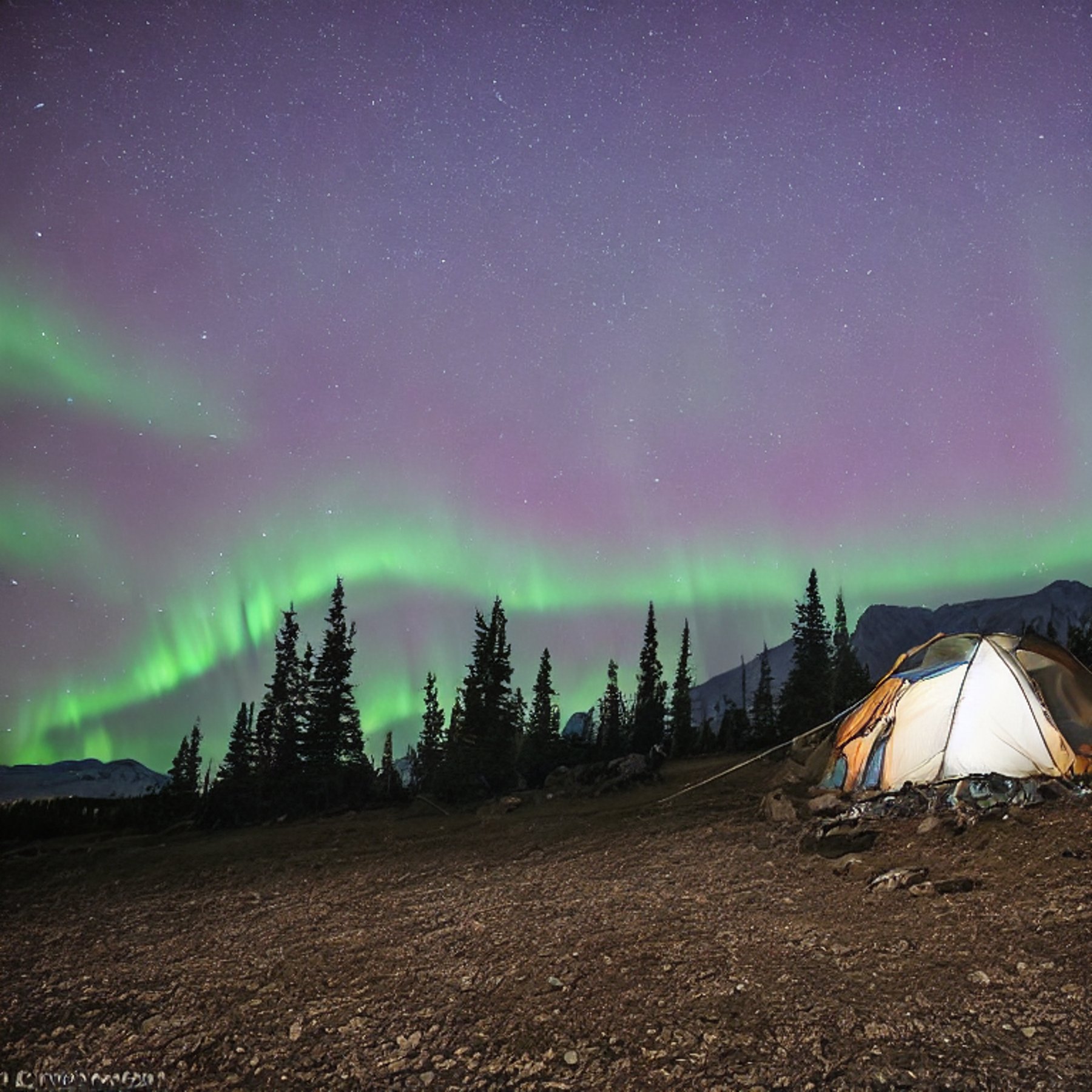 A white tent rests on a quiet dirt campsite beneath glowing northern lights. Mist drifts around the nearby mountain as hikers settle in, with clothes hanging from a simple line.