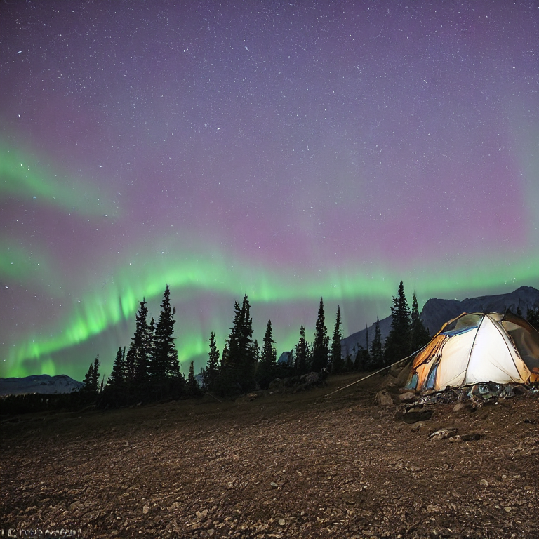 A white tent rests on a quiet dirt campsite beneath glowing northern lights. Mist drifts around the nearby mountain as hikers settle in, with clothes hanging from a simple line.