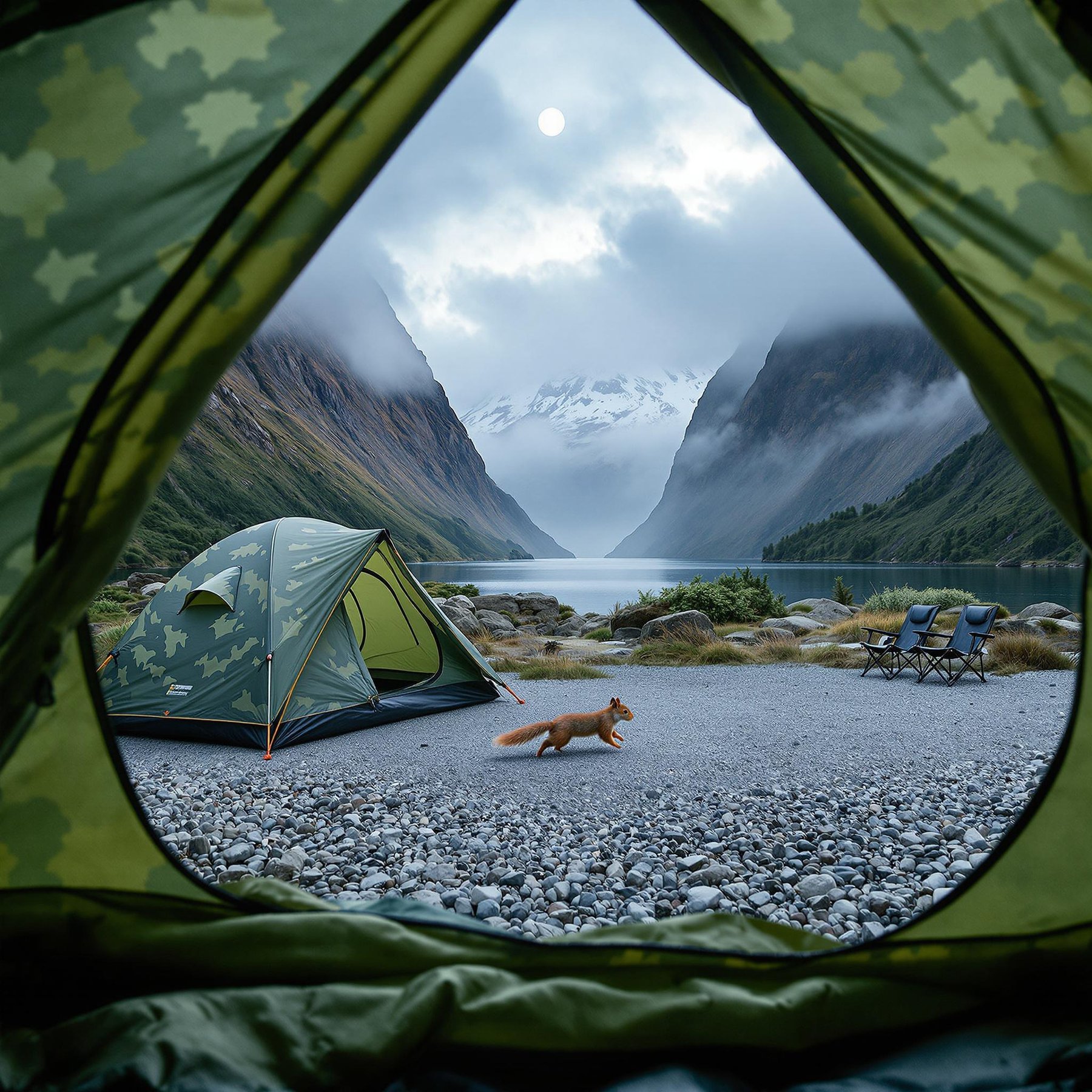 Nestled between towering mountains and a peaceful lake, this serene campsite offers breathtaking views and a close-up of nature. A playful fox scampers by, adding a touch of magic to the misty morning. Relax on comfy chairs and enjoy the beauty all around!