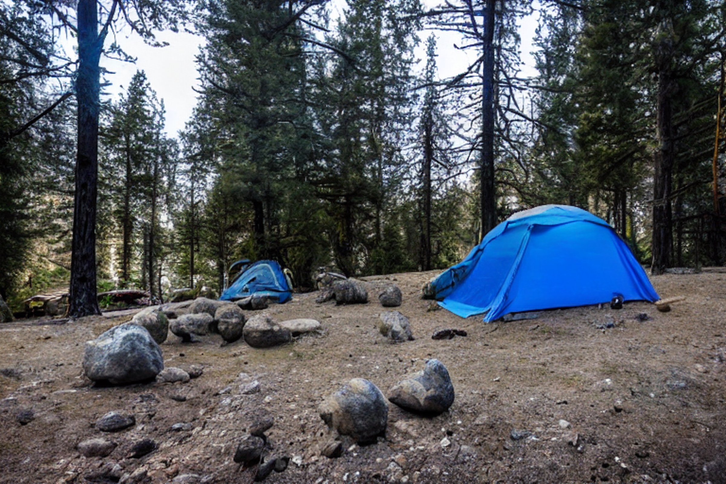 A gray-blue tent rests beside a warm hot spring, with a small campfire nearby. Boulders, young trees, and a sunny dirt clearing create a peaceful campsite.