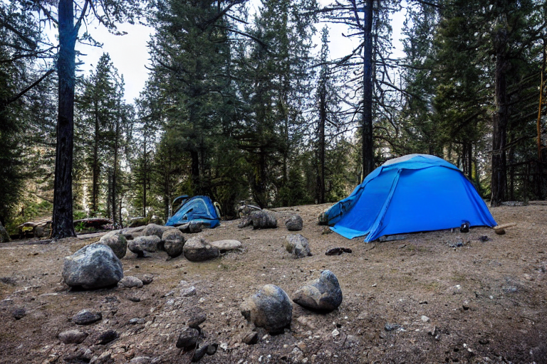 A gray-blue tent rests beside a warm hot spring, with a small campfire nearby. Boulders, young trees, and a sunny dirt clearing create a peaceful campsite.