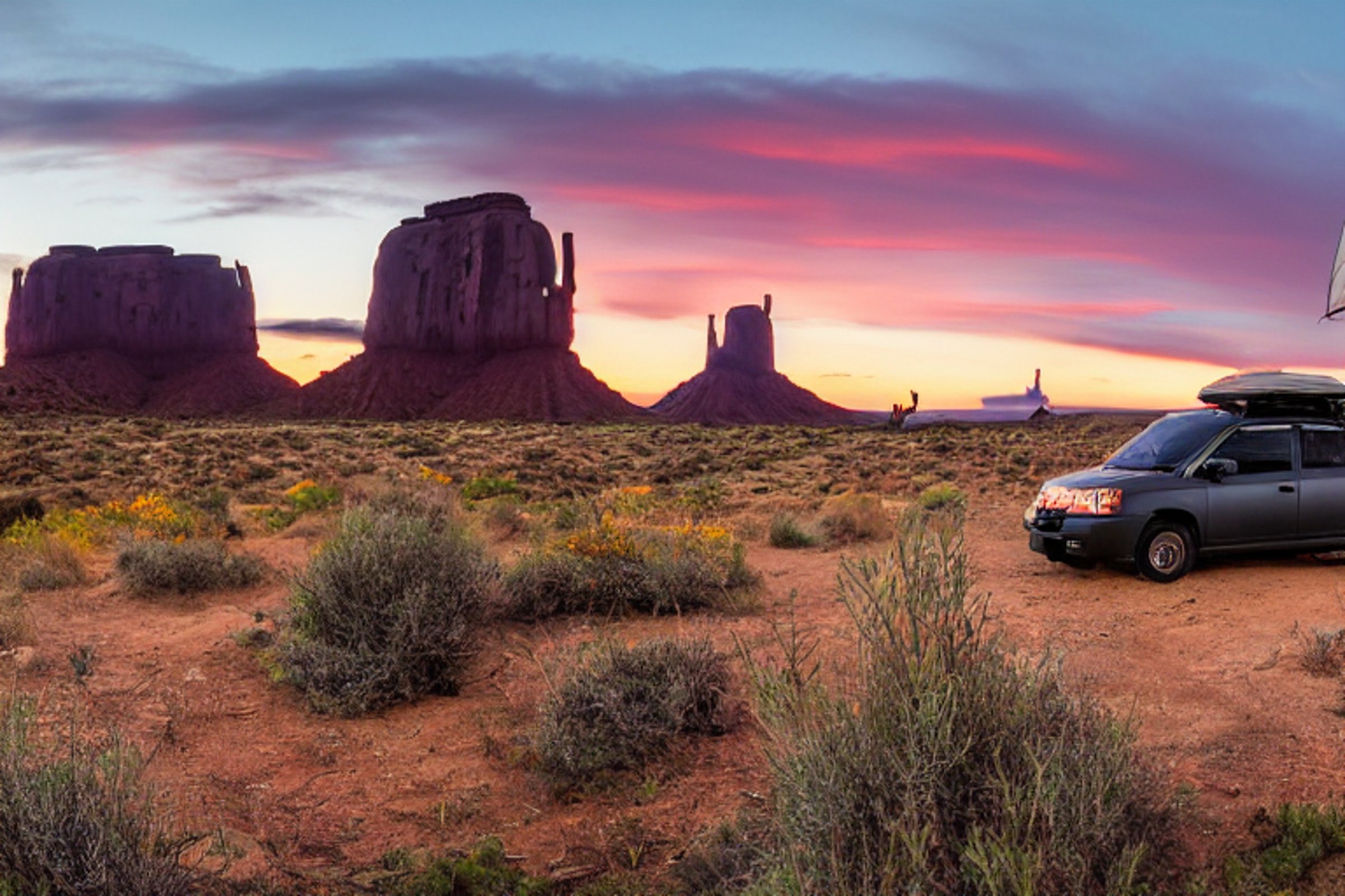 A black Subaru with a rooftop tent rests beside a warm campfire in Monument Valley. Ferns, gravel, and fall-colored trees surround the campsite as the clear sky glows with sunset light.