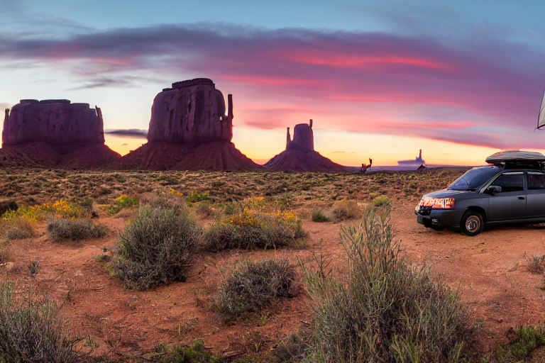 A black Subaru with a rooftop tent rests beside a warm campfire in Monument Valley. Ferns, gravel, and fall-colored trees surround the campsite as the clear sky glows with sunset light.