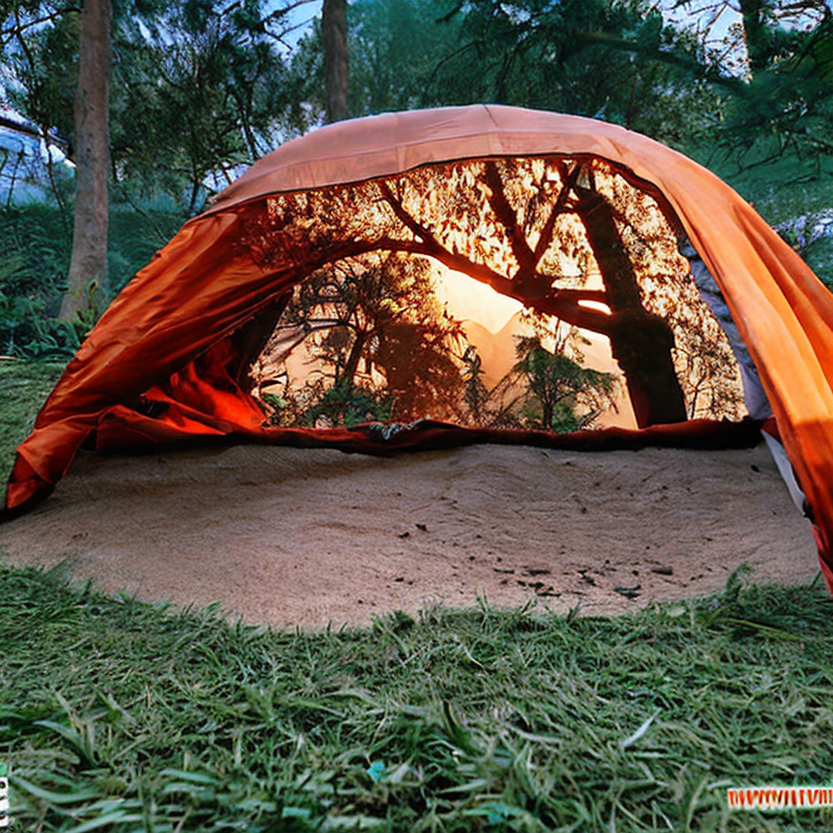 A cozy brown tent rests beneath tall trees in Zhangjiajie, China. A warm campfire glows on the dirt clearing, surrounded by small flowers. Clothes sway on a nearby line as the sunset paints the clear sky.