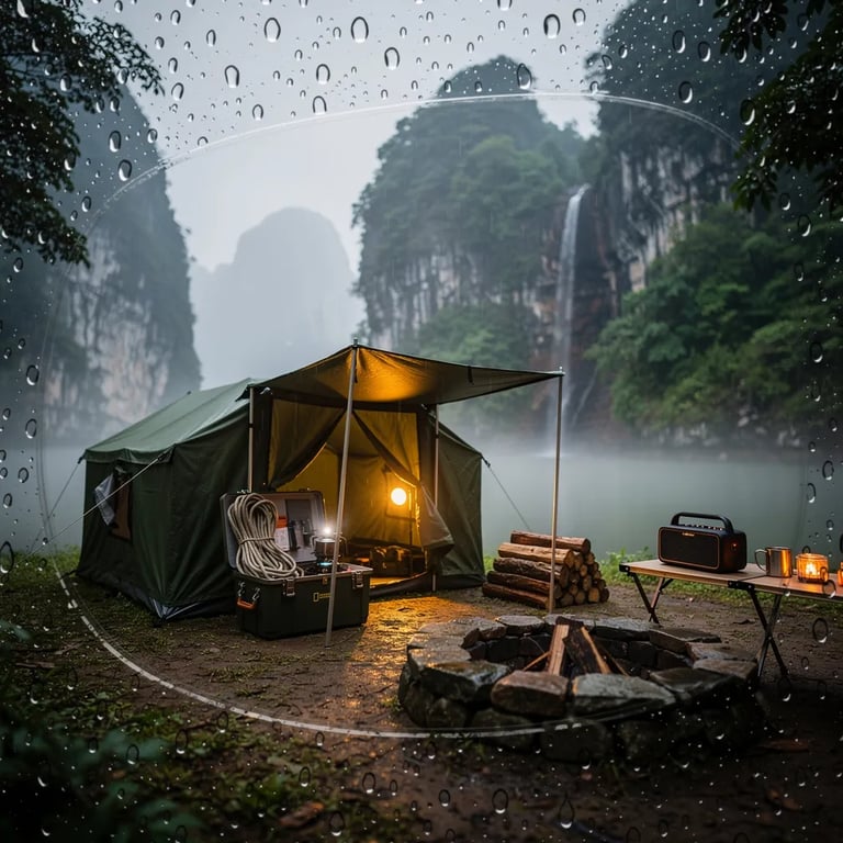 A cozy green tent sits on wet stone as soft dawn fog drifts over tall cliffs and quiet bay water. A thin waterfall slips down the rocks while light rain taps the leaves. Nearby, neat gear, stacked firewood, and a small camp table make the spot feel calm and ready for the day.