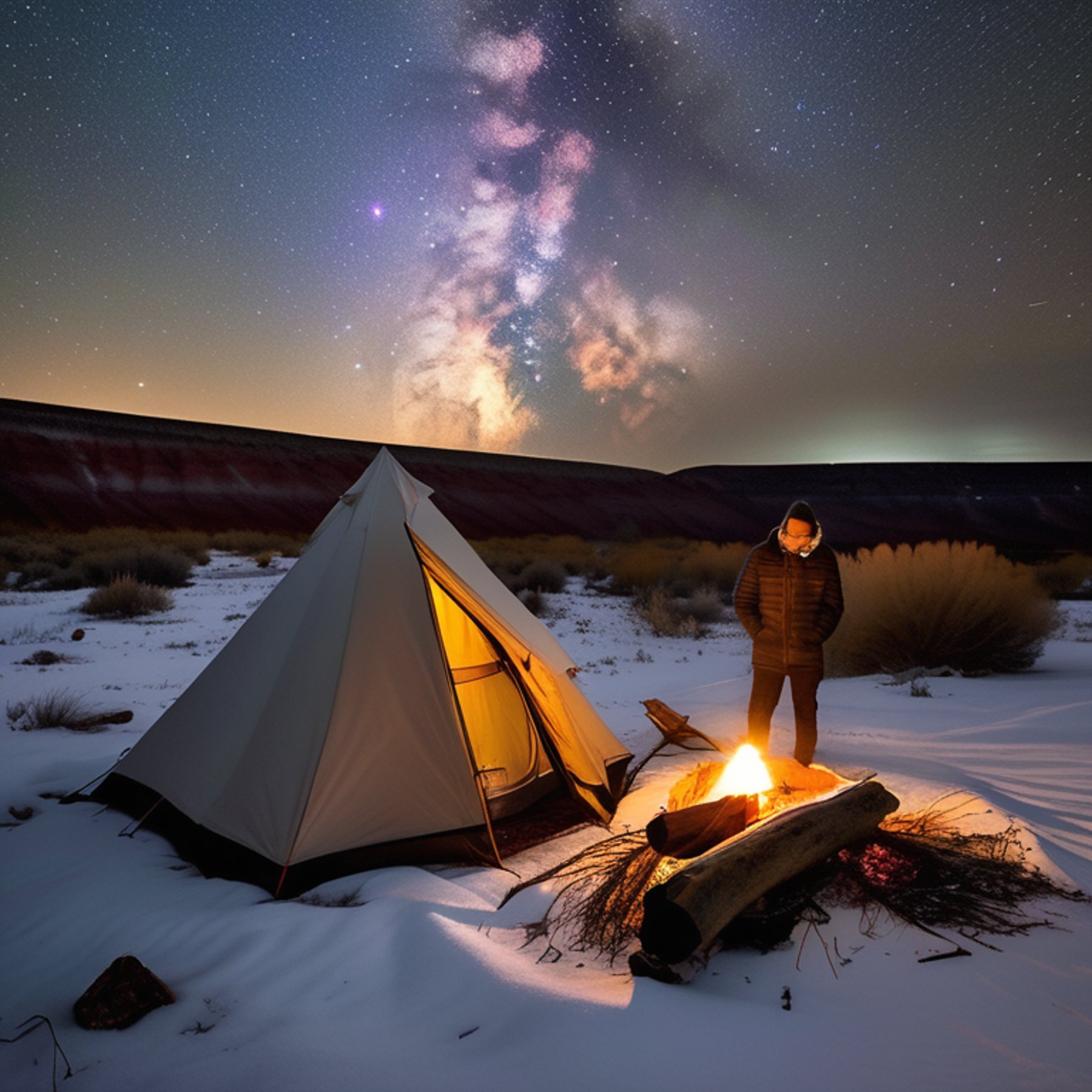 A white tent rests on a quiet paved campsite in a petrified forest beneath a sky full of stars. Snowy grass surrounds a warm campfire and a large fallen log, while a distant camper shines a flashlight in the dark.