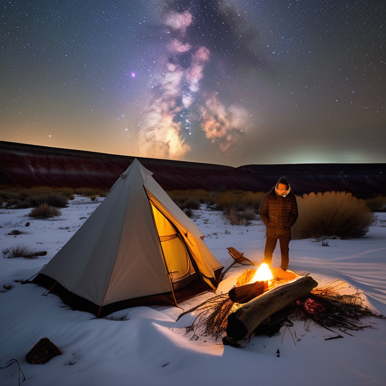 A white tent rests on a quiet paved campsite in a petrified forest beneath a sky full of stars. Snowy grass surrounds a warm campfire and a large fallen log, while a distant camper shines a flashlight in the dark.