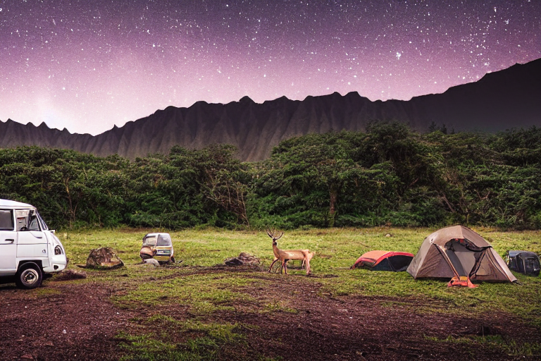 A cozy VW campervan rests beside a glowing campfire at dusk. Snow dusts the rocky dirt campsite, while a deer stands quietly in the distance. The wide Hawaiian landscape feels peaceful and magical.