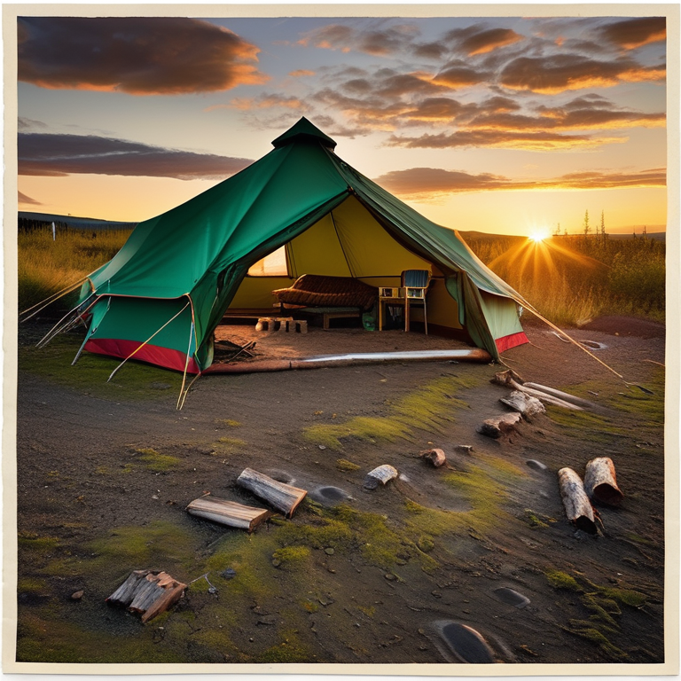 A green tent rests beside a clear stream in the Alaskan wilderness. The paved campsite glows in the warm sunset light, with camping chairs nearby and a small twig lying on the dirt.