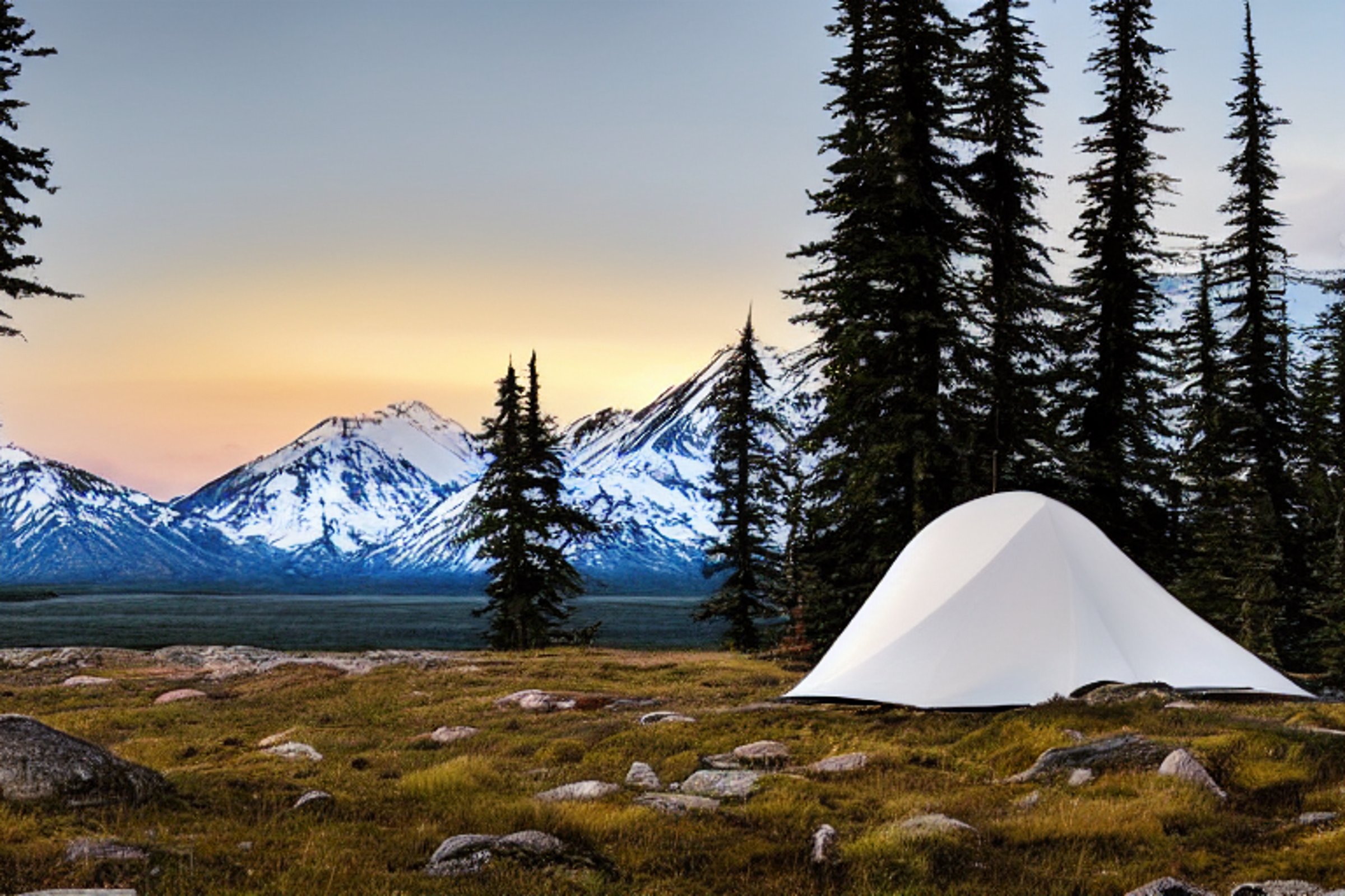 A cozy tent rests on a dirt patch at a quiet paved campsite in the Alaskan wilderness. Tall trees, rolling hills, and a large rock surround the camp as soft sunrise light shines through the snowy air.