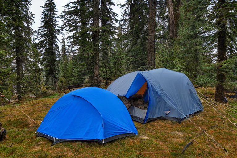 A gray-blue tent rests on a quiet dirt patch beneath a cloudy night sky. A warm campfire glows beside the logs, with leaves and boulders scattered around the campsite. Rolling hills fade into the dark Washington landscape.