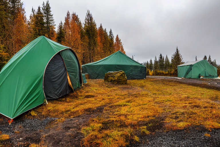 A green tent rests on a paved campsite in Iceland, surrounded by tall trees in bright fall colors. Large stone slabs frame a small dirt patch, while cloudy skies create a cool, peaceful mood.