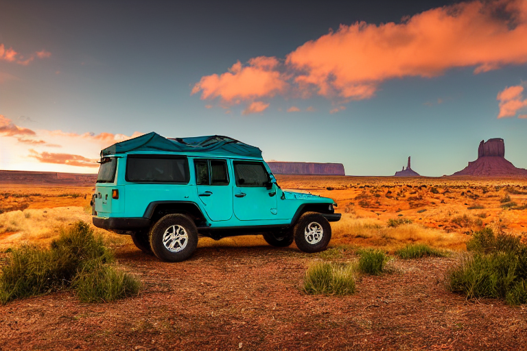 A teal Jeep with a cozy rooftop tent rests at a quiet campsite in Monument Valley. Snow dusts the ground as rolling hills glow in the sunset, while mossy trees add a touch of green. A warm flashlight shines from the open tent beside a box of camping gear.