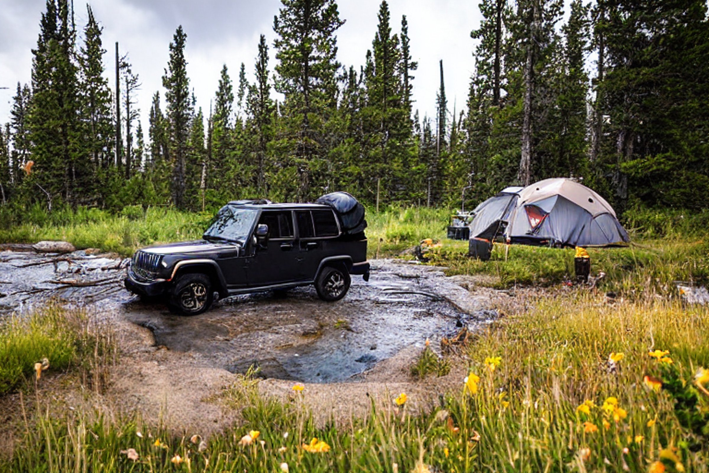 A black Jeep with an open rooftop tent rests beside a small stream in Yellowstone. Snow falls softly as a campfire glows near a large log, with tall grass and wildflowers around the campsite.