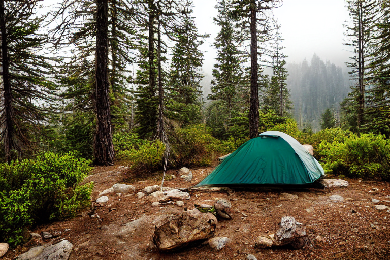 A forest-green tent rests on rocky ground beside a winding hiking path. Rainy morning light shines over the California coast, with misty mountains and surfers in the distance. Twigs and wet stones add a wild, peaceful feel.