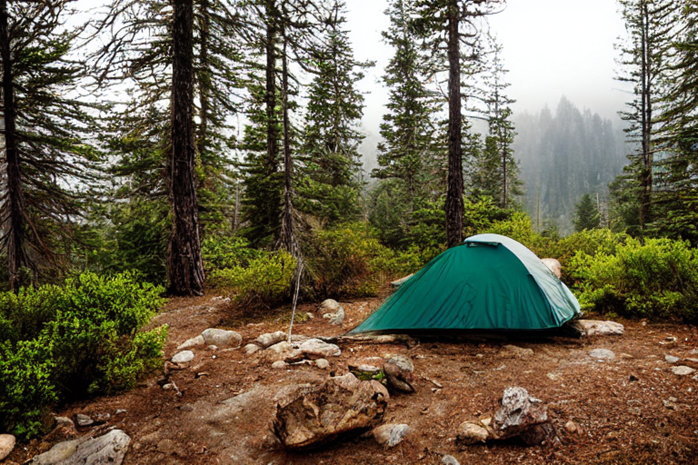 A forest-green tent rests on rocky ground beside a winding hiking path. Rainy morning light shines over the California coast, with misty mountains and surfers in the distance. Twigs and wet stones add a wild, peaceful feel.