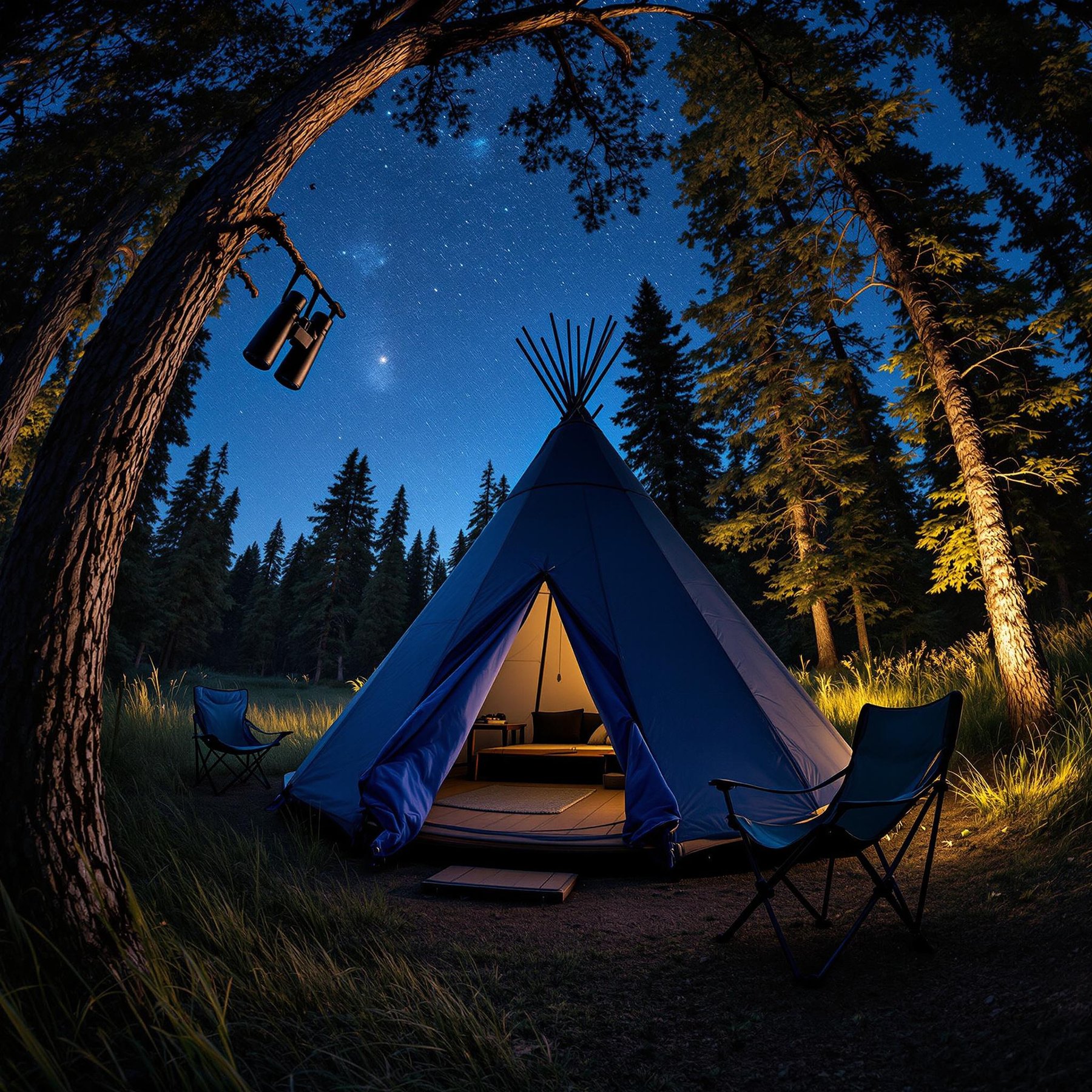 A navy-blue teepee rests in tall grass beneath the trees. A camping chair and binoculars invite you to watch the stormy, starry sky through the clearing.