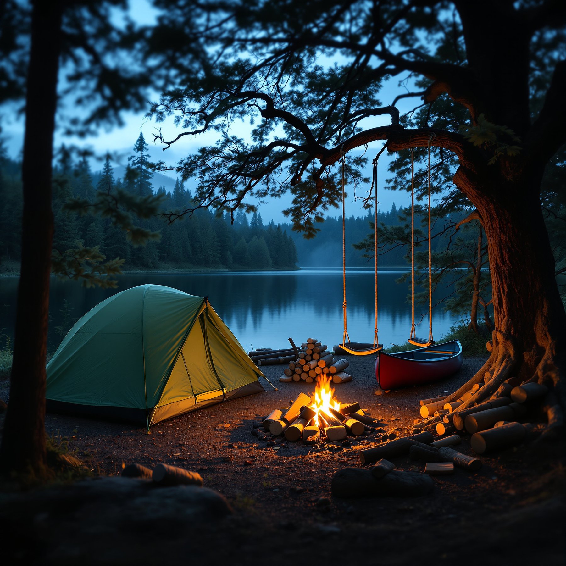 This cozy campsite sits by a calm lake, surrounded by tall trees. A warm campfire glows near a green tent, while swings and canoes wait by the water. The peaceful forest makes it feel like an adventure!