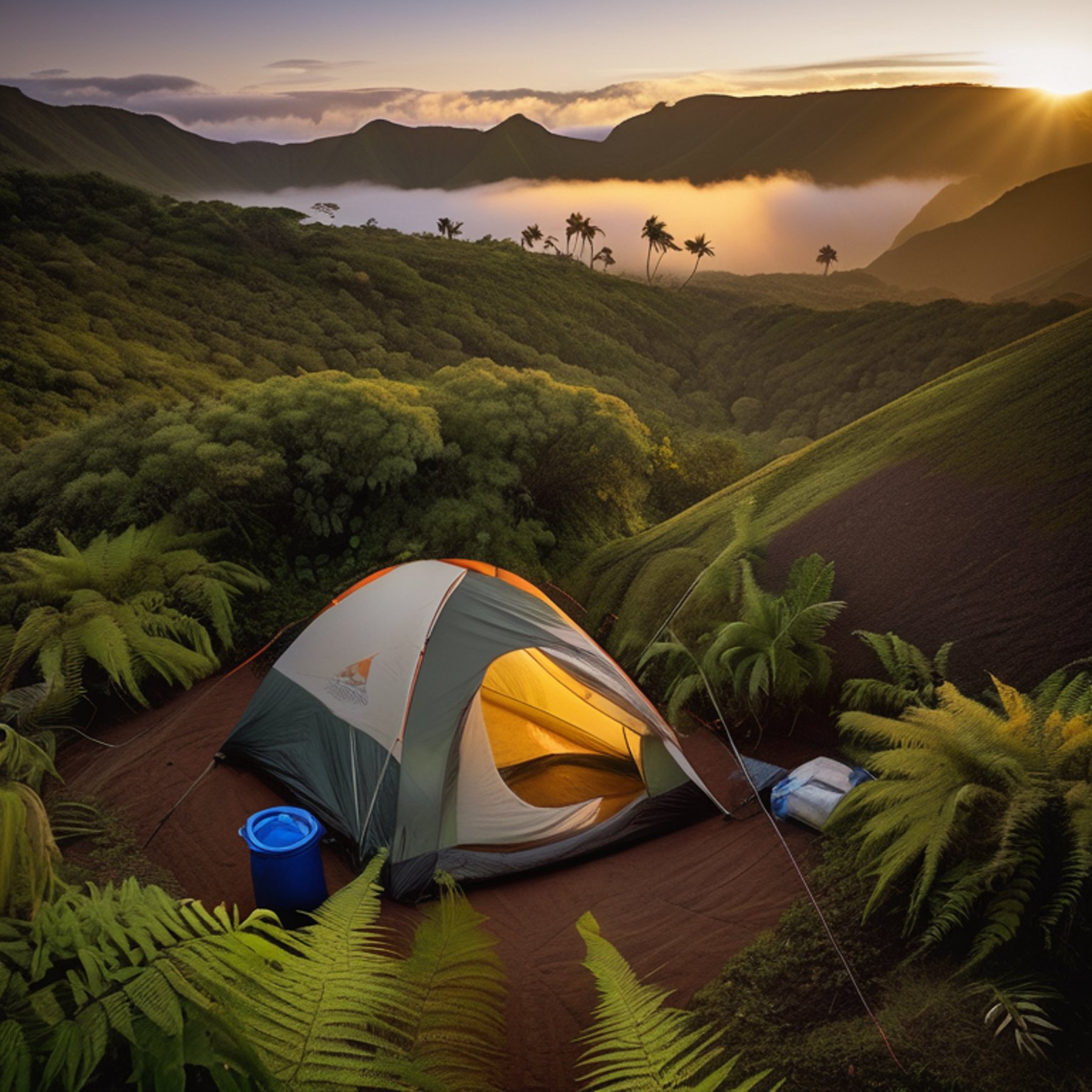 A cozy tent rests beside a dirt patch at a misty Hawaiian campsite. Ferns and tall grass surround the paved ground as the sunrise glows softly, with a faint moon still in the sky. A box of camping gear sits nearby.