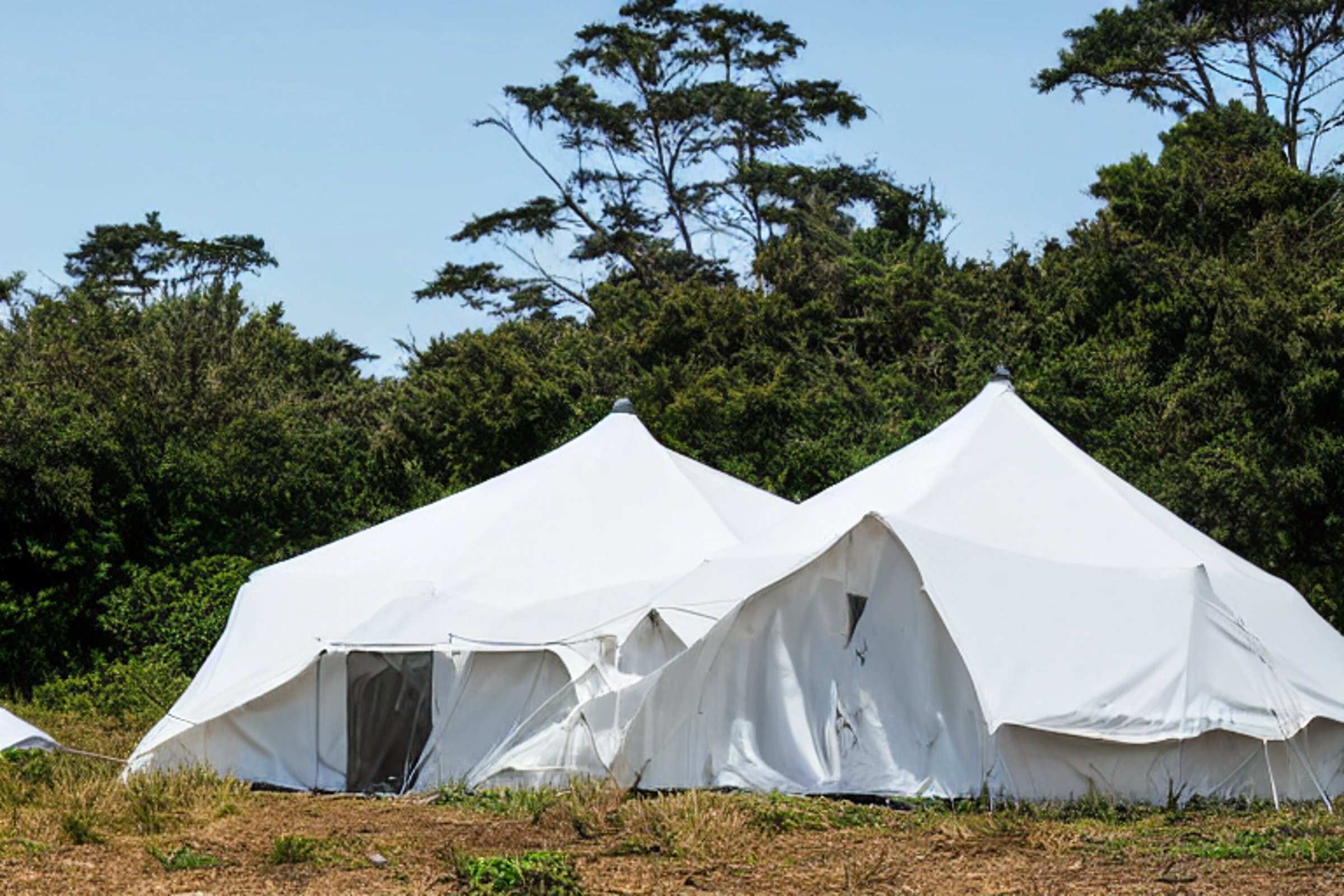 A white tent rests on a quiet paved campsite beside the blue ocean. Large green bushes surround the dirt-covered ground, while a person with a flashlight stands in the distance. The clear sky and bright daylight create a calm beachside mood.