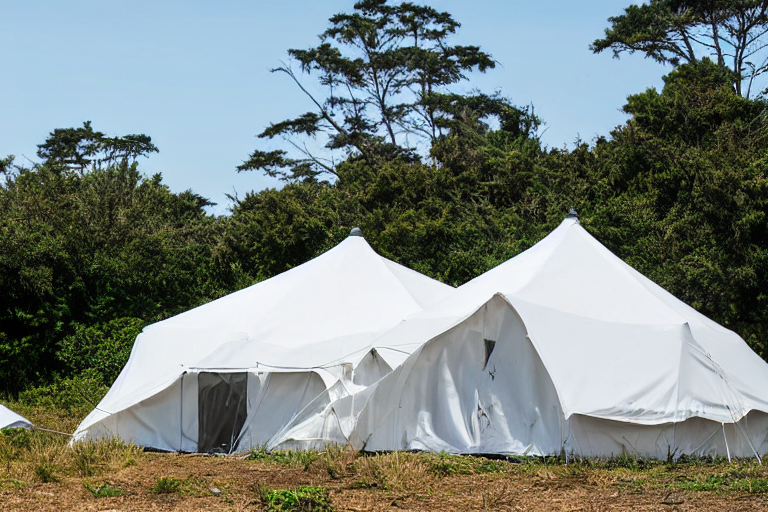 A white tent rests on a quiet paved campsite beside the blue ocean. Large green bushes surround the dirt-covered ground, while a person with a flashlight stands in the distance. The clear sky and bright daylight create a calm beachside mood.